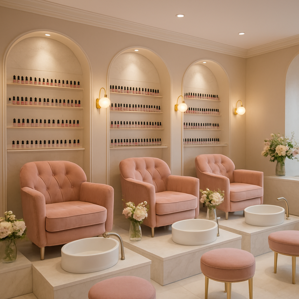 Cosy interior of Opal Nails salon with pink chairs and polish shelves