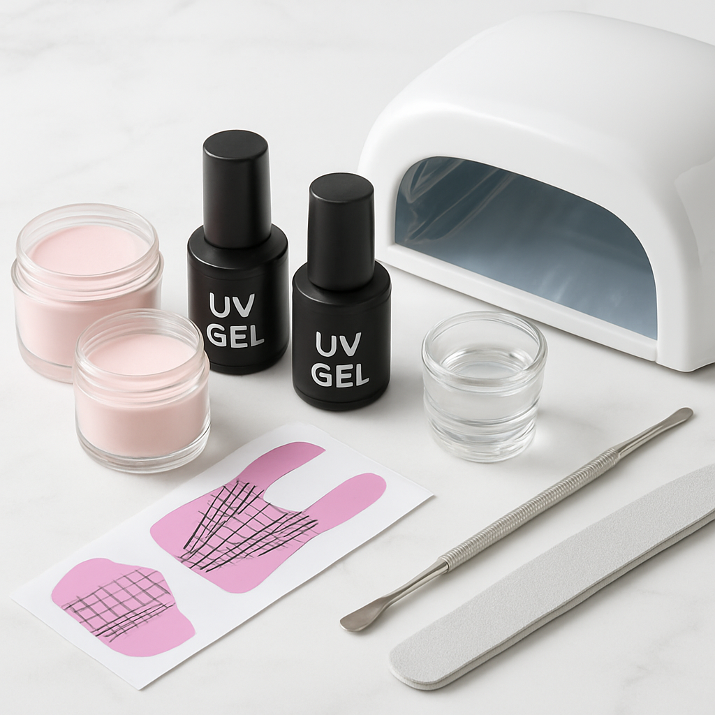 Acrylic powder jars and nail extension supplies on marble