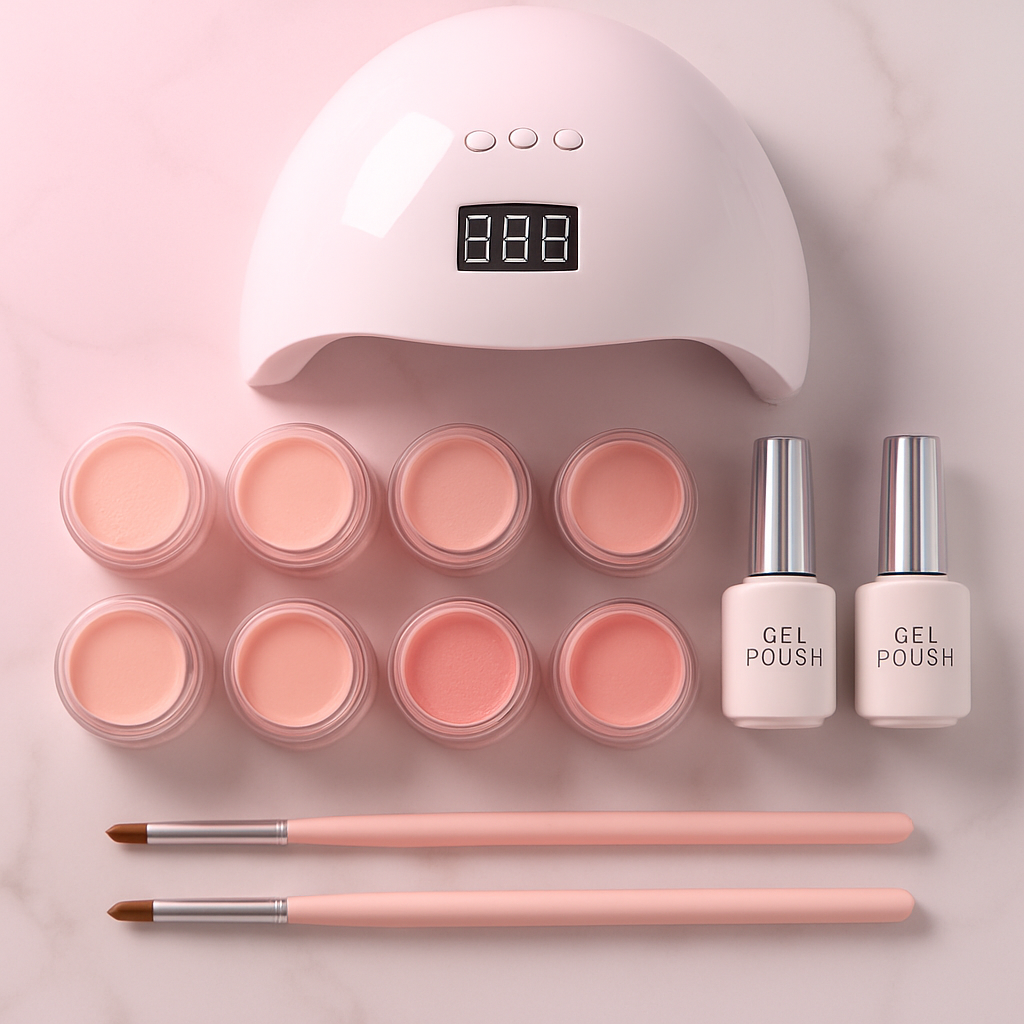 Dip powder nail jars and gel polish bottles in nude and blush shades