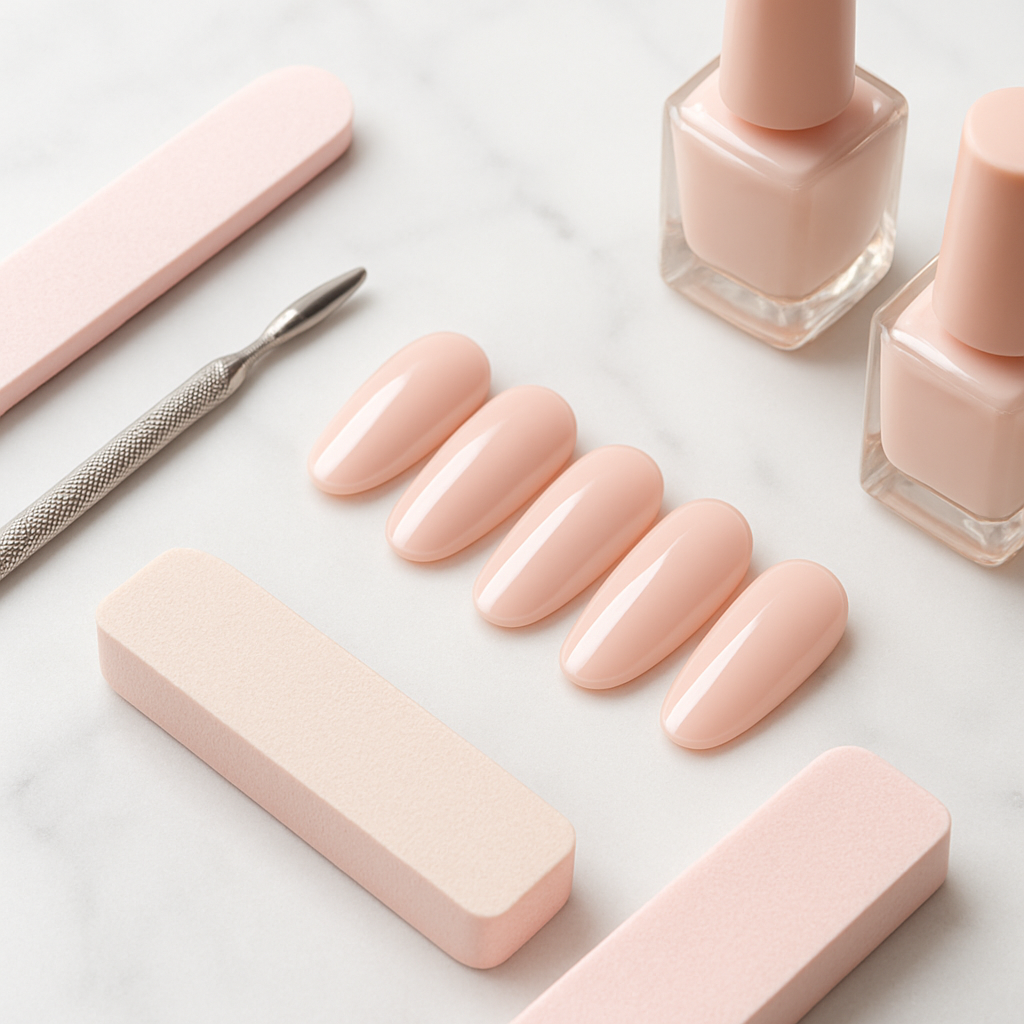 Manicure tools and blush pink nail polish bottles arranged on white marble
