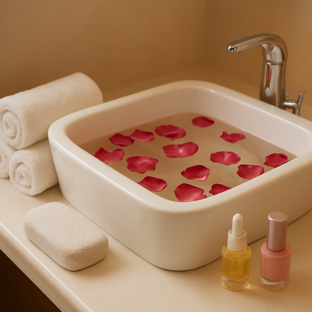 Luxury pedicure spa basin with rose petals and soft towels